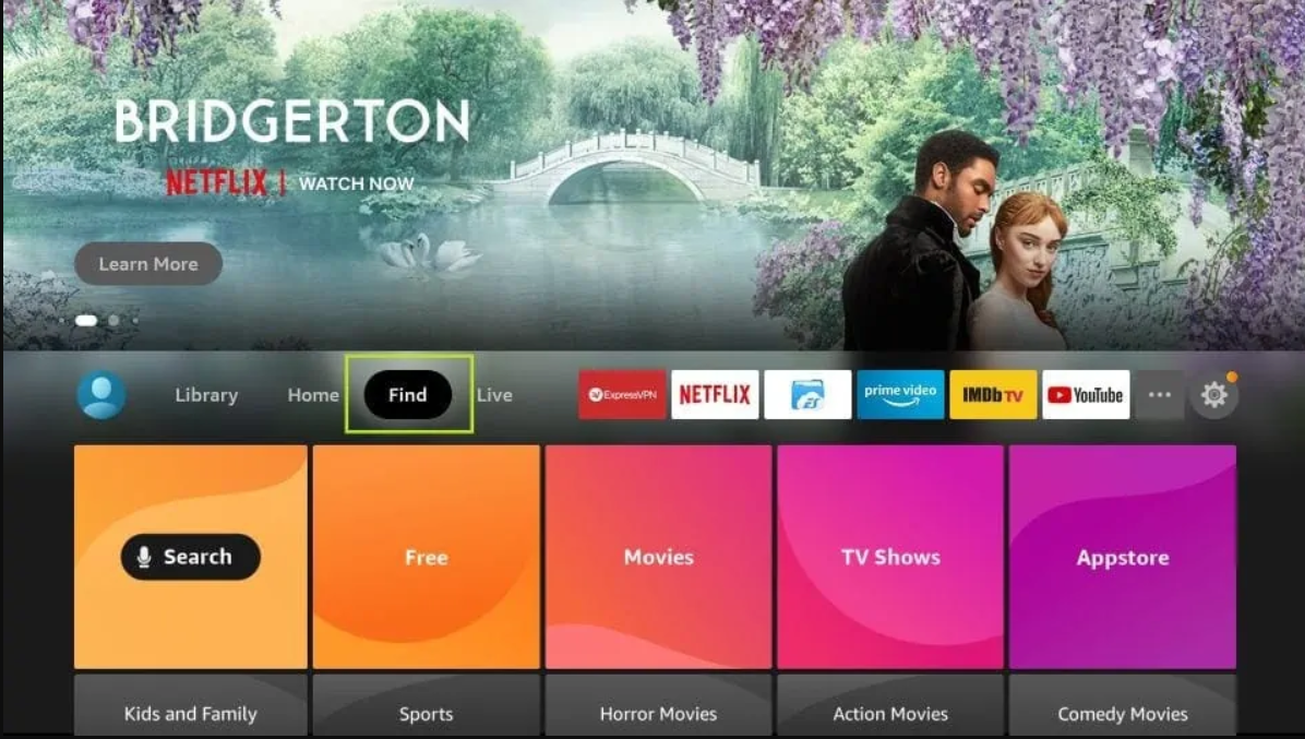 Tubioffers.com FireStick home screen — select Find